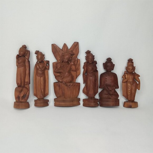Vintage Wooden Figurine Set Of 6 Hand Carved Wood Chinese Deities 1970s - Picture 2 of 7